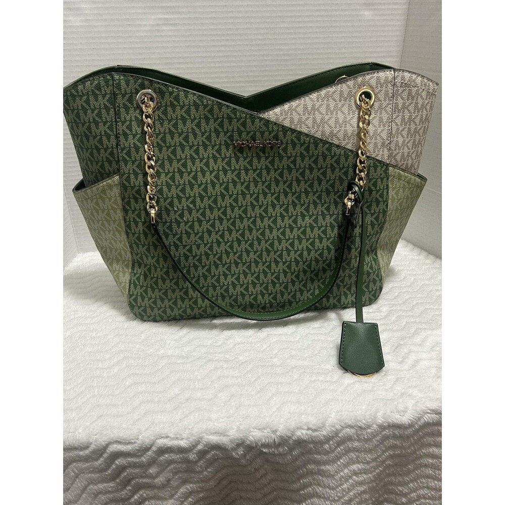 Michael Kors Tote Bag Womens Large Green Jet Set Travel Logo Chain Shoulder